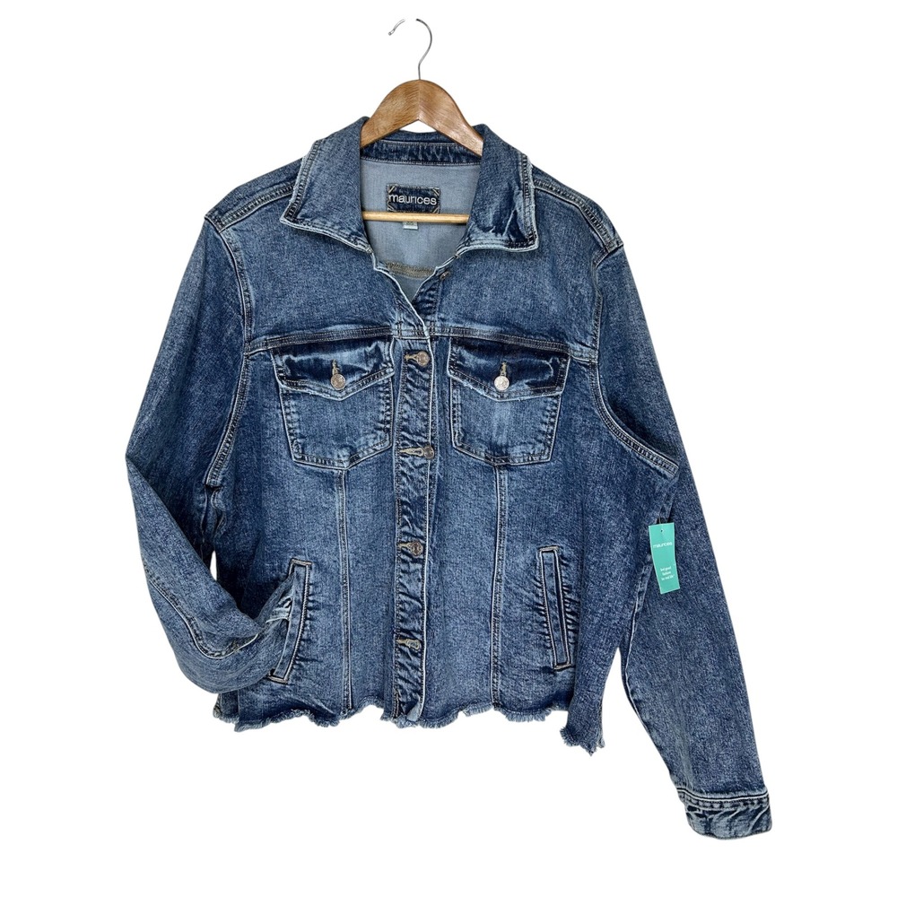 Maurices Cotton Blend Blue Acid-wash Frayed Hem Flap Pockets Denim Jacket 3X